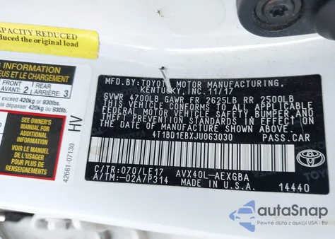 2018 Toyota Avalon Hybrid Xle Premium from USA, damaged, VIN 4T1BD1EBXJU063030